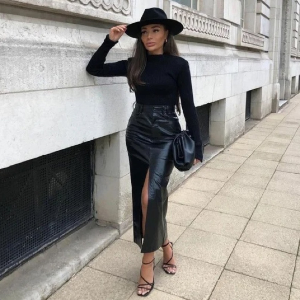 Zara - Black Maxi Faux Leather Pencil Skirt with Slit